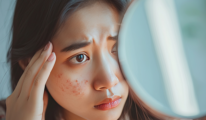 画像：鏡で顔をチェックする女性